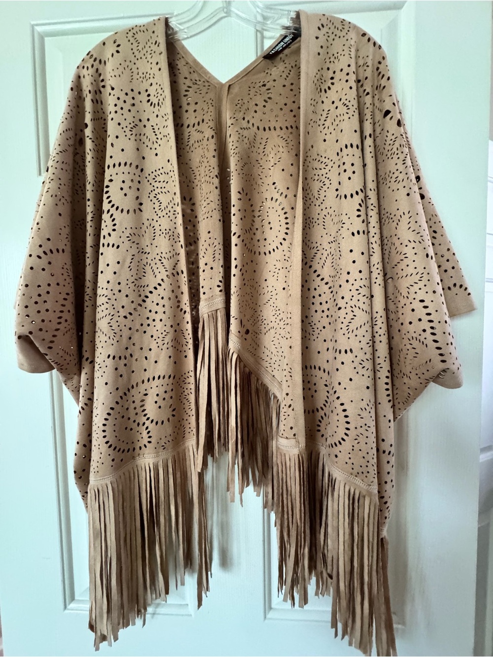 Fashion Union Taupe Laser-Cut Fringe Poncho